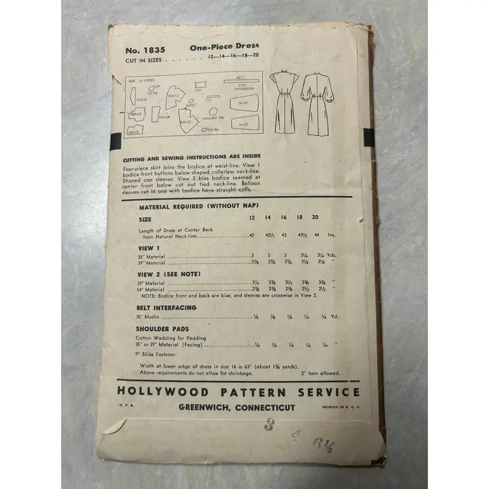 Vintage 1940's Hollywood‎ Pattern #1835 Women's Day Dresses Size 16